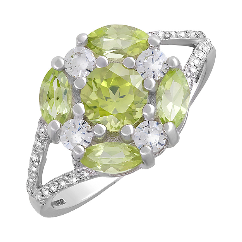 Серебряное кольцо с хризолитом и фианитом № 123303