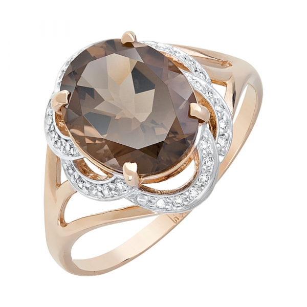 Золотое кольцо с раухтопазом и фианитом № 119703