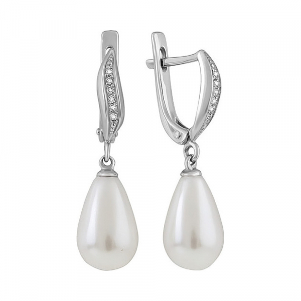 Серебряные серьги с перламутровым жемчугом и фианитом № 134603