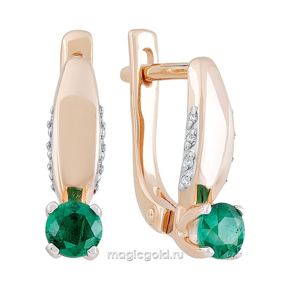 Золотые серьги с бриллиантом и изумрудом № 160339