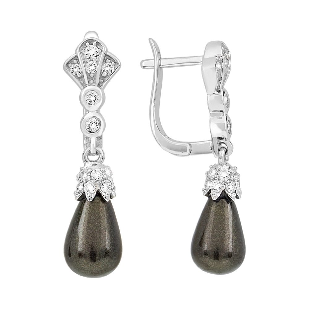 Серебряные серьги с имитац. жемчуга и фианитом № 117461