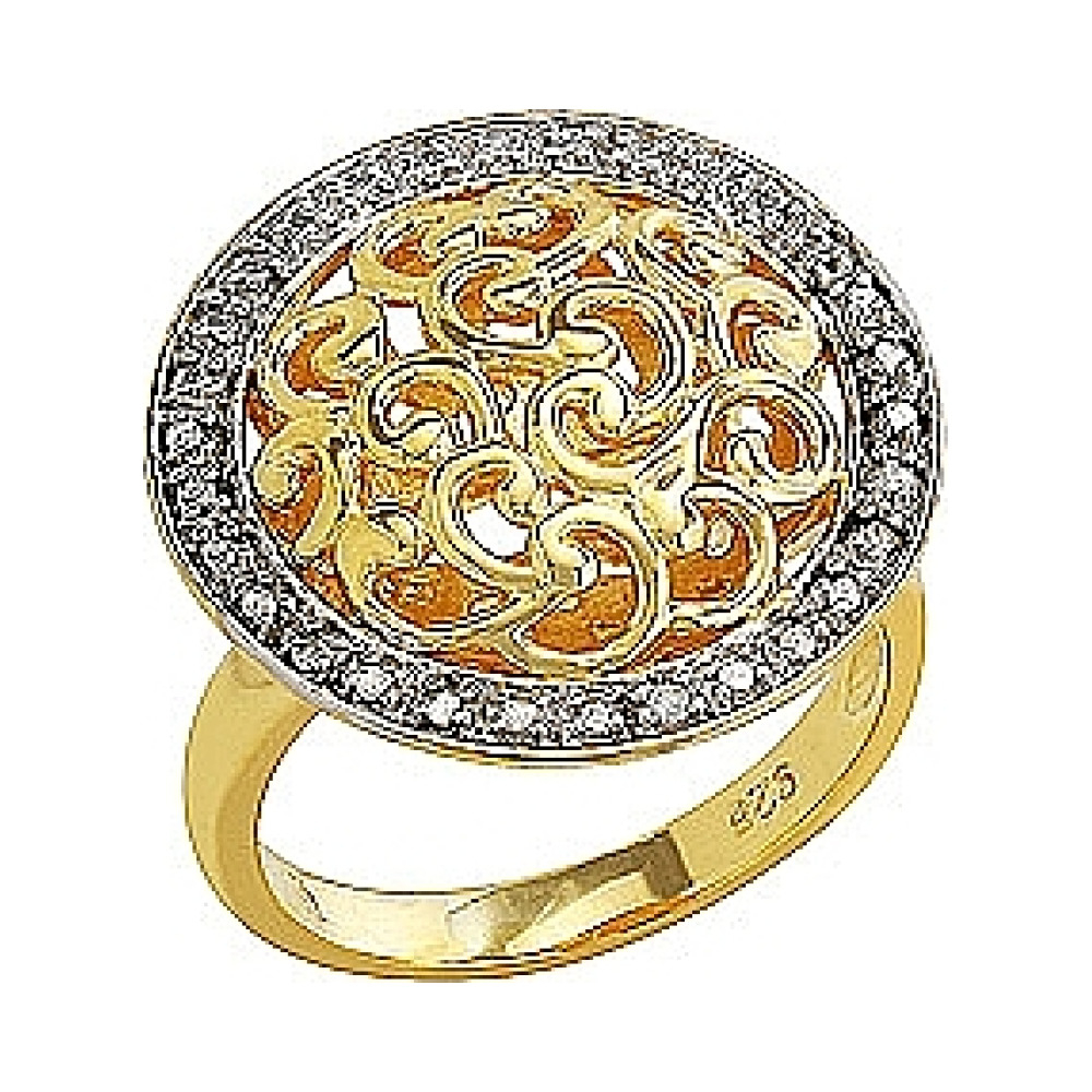 Серебряное кольцо с фианитом и золотым покрытием № 80539