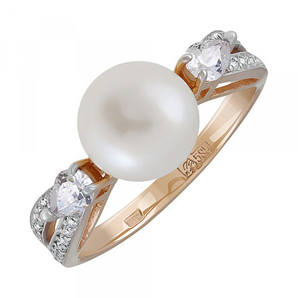 Золотое кольцо с жемчугом и фианитом № 124621