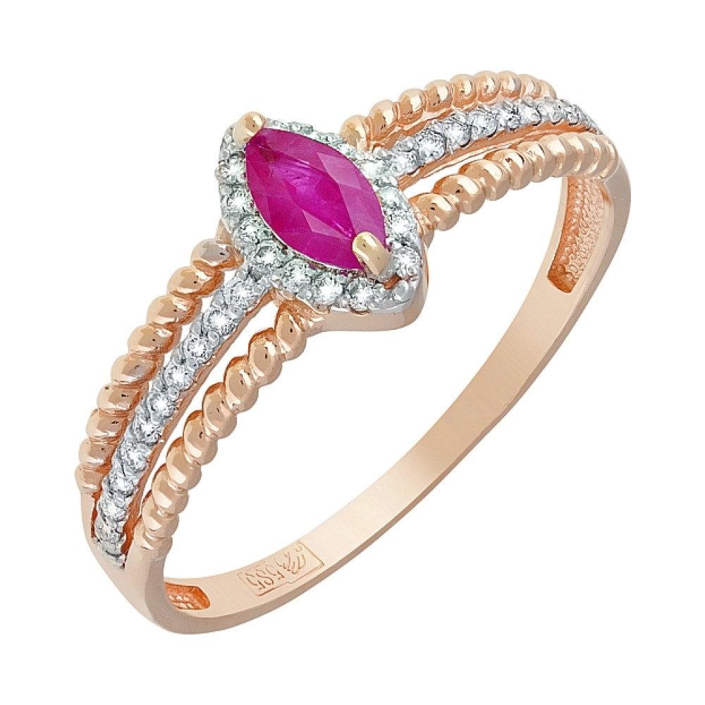 Золотое кольцо с бриллиантом и рубином № 119121