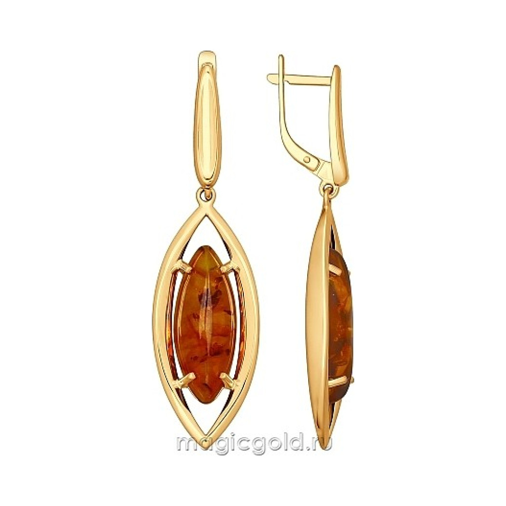 Серебряные серьги с янтарем и золотым покрытием № 138536