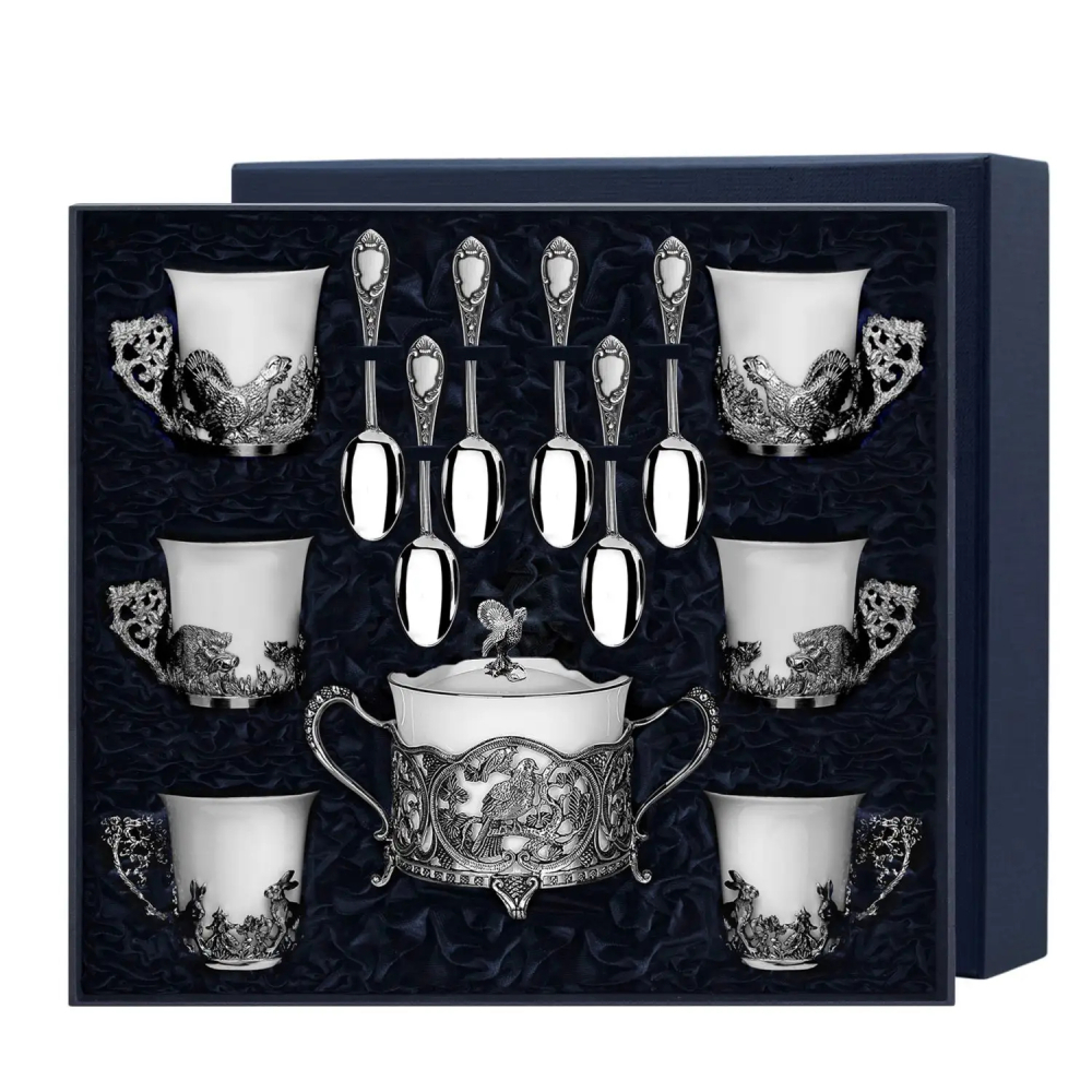 Набор Глухариный край: ложка, чашка, сахарница из серебра 925 пробы