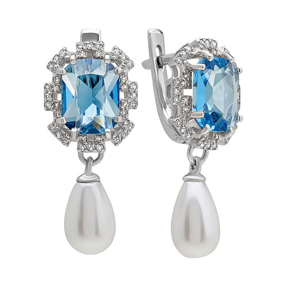 Серебряные серьги с алпанитом, перламутровым жемчугом и фианитом  № 134586