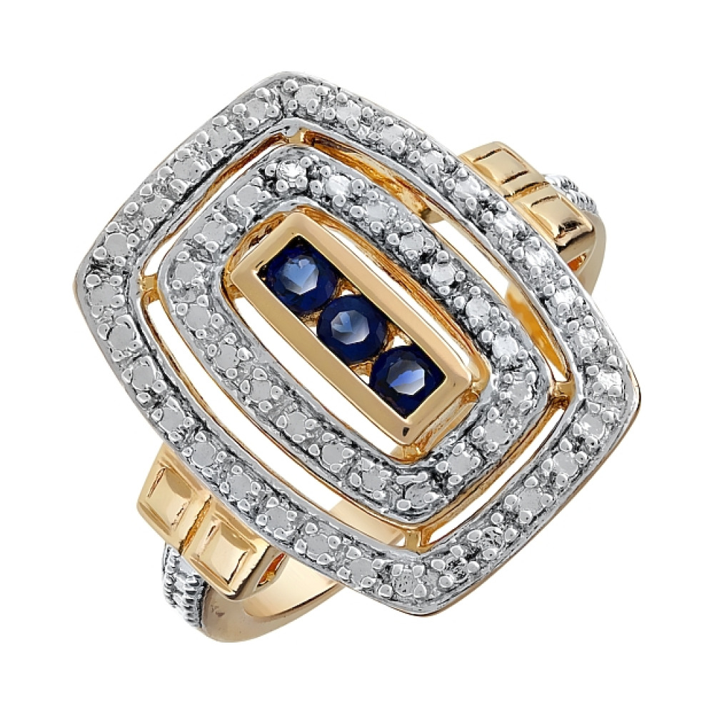 Серебряное кольцо с имитацией корунда, фианитом и золотым покрытием № 80547