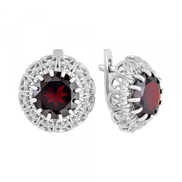 Серебряные серьги с гранатом и фианитом № 129613
