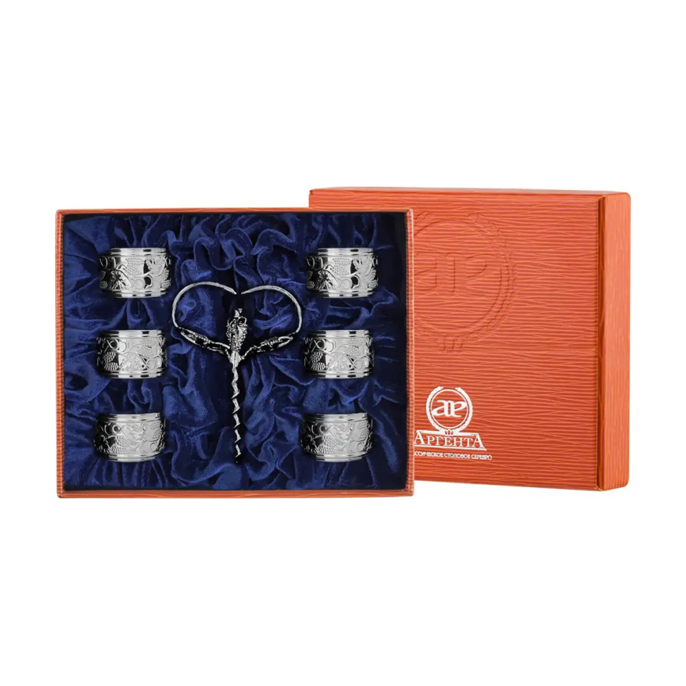 Набор Виноград: кольцо для салфеток, штопор в футляре из серебра 925 пробы