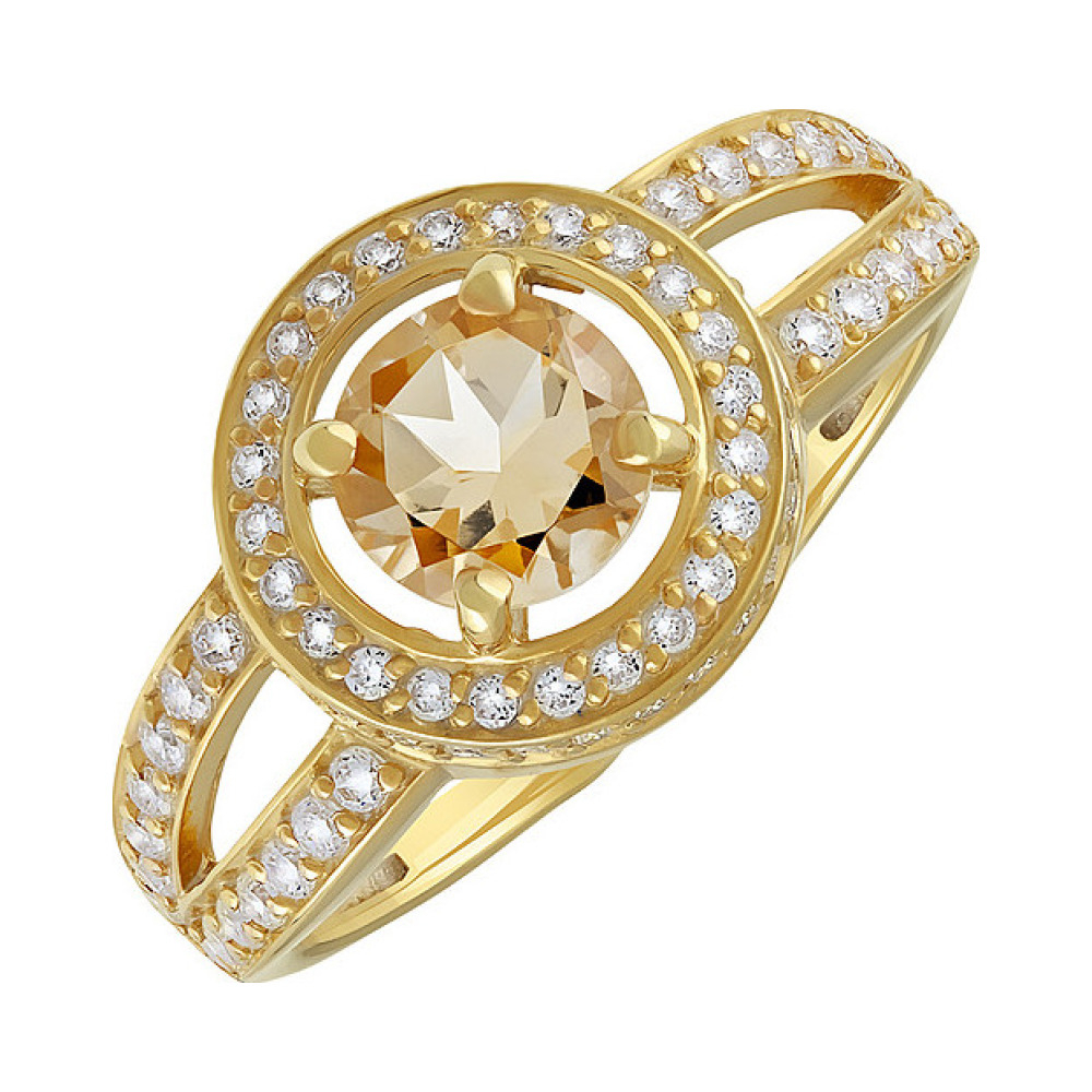 Серебряное кольцо с цитрином, фианитом и золотым покрытием № 133924