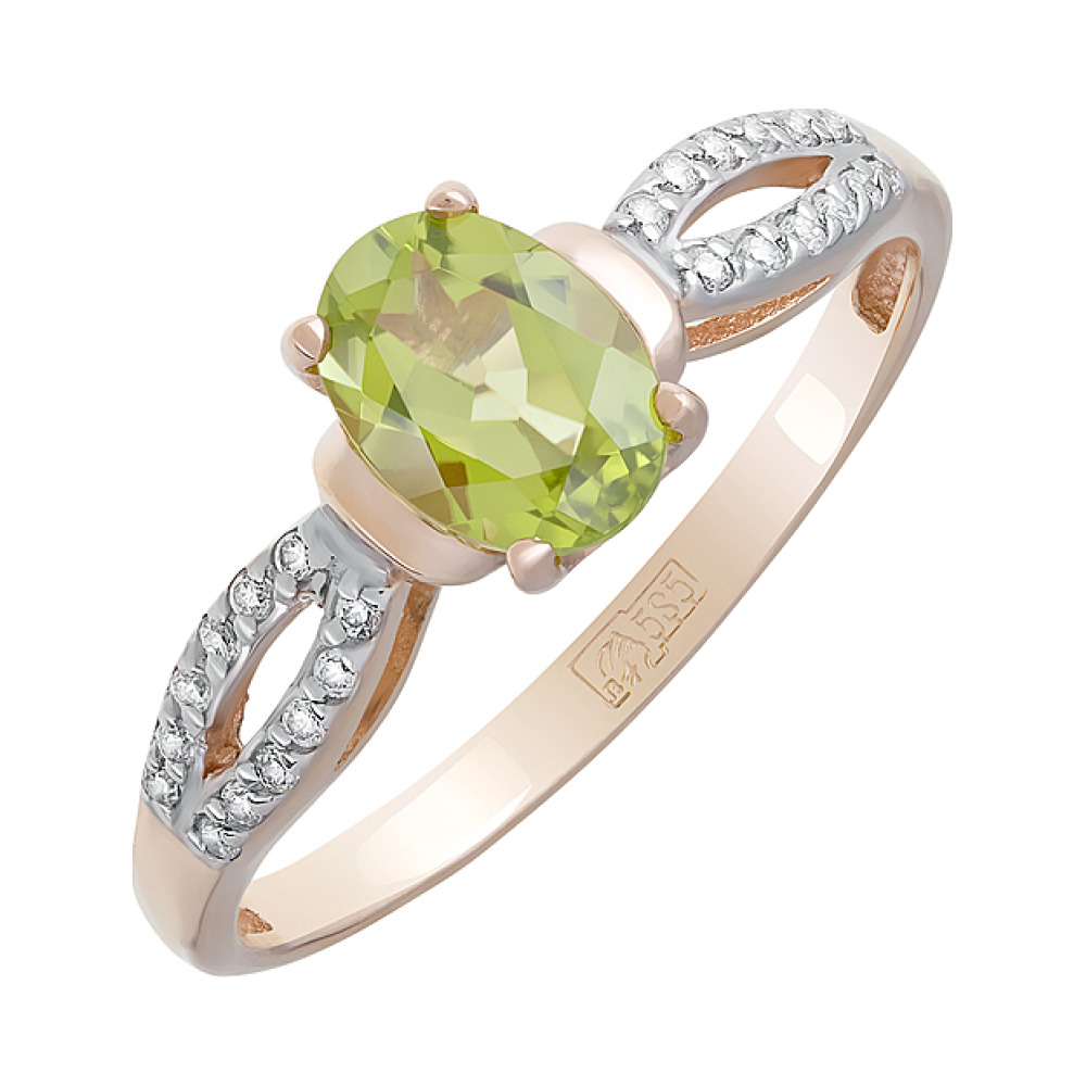 Золотое кольцо с хризолитом и фианитом № 122940