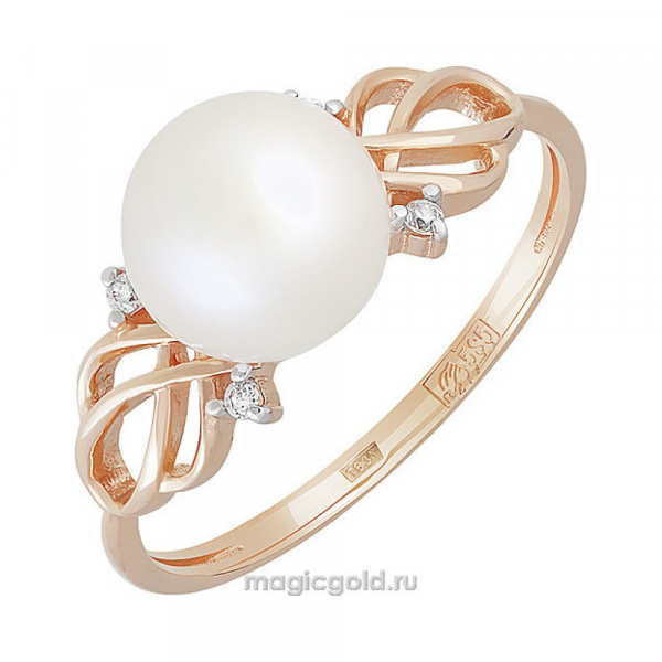 Золотое кольцо с жемчугом и фианитом № 151361