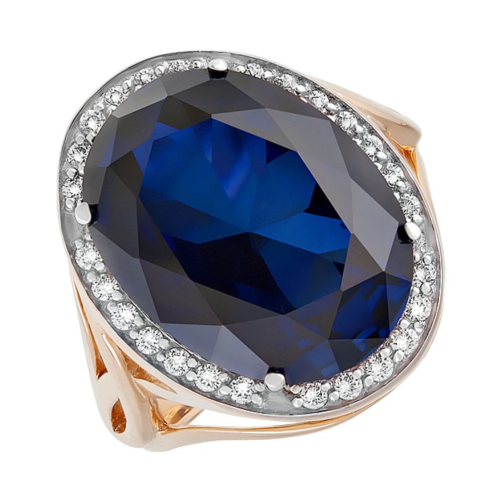 Золотое кольцо с сапфиром иск.выр. и фианитом № 129935