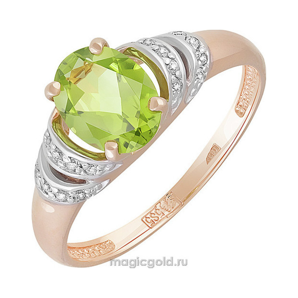Золотое кольцо с хризолитом и фианитом № 142111