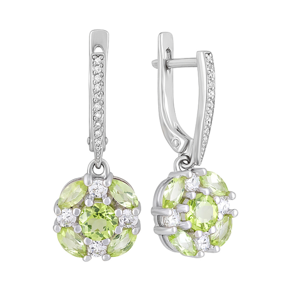 Серебряные серьги с хризолитом и фианитом № 123310