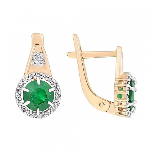 Золотые серьги с бриллиантом и изумрудом № 115419