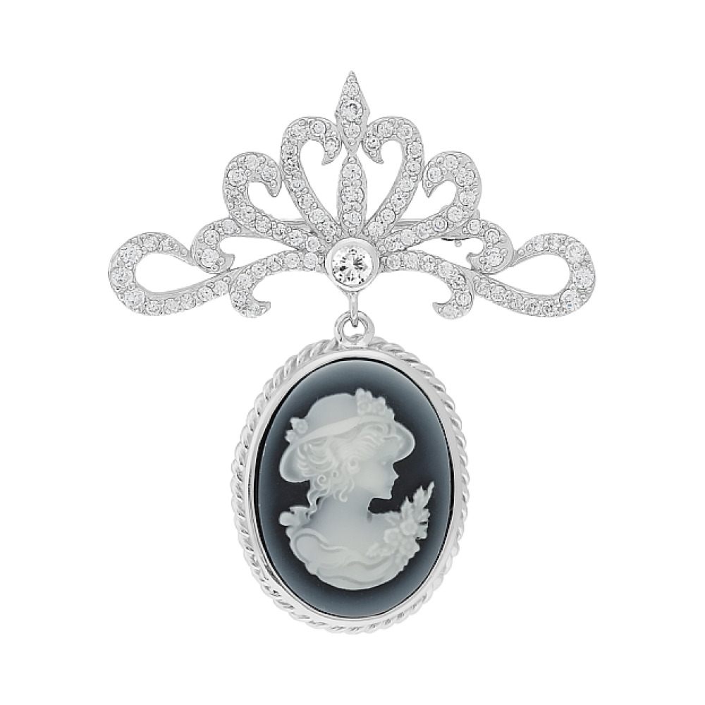 Серебряная брошь с фианитом и карбоном № 108408