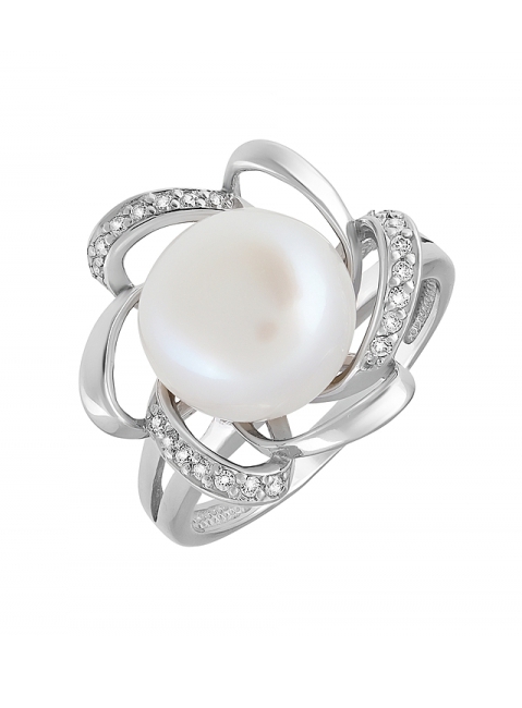 Серебряное кольцо с жемчугом и фианитом № 131606
