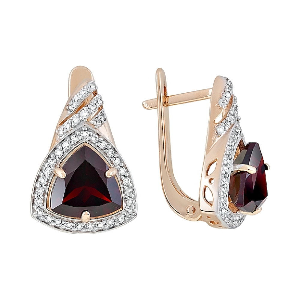 Золотые серьги с гранатом и фианитом № 119574