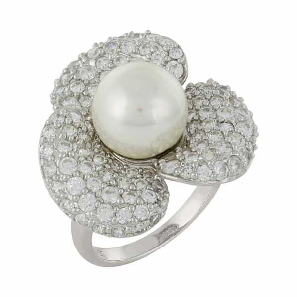 Серебряное кольцо с имитац. жемчуга и фианитом № 99943