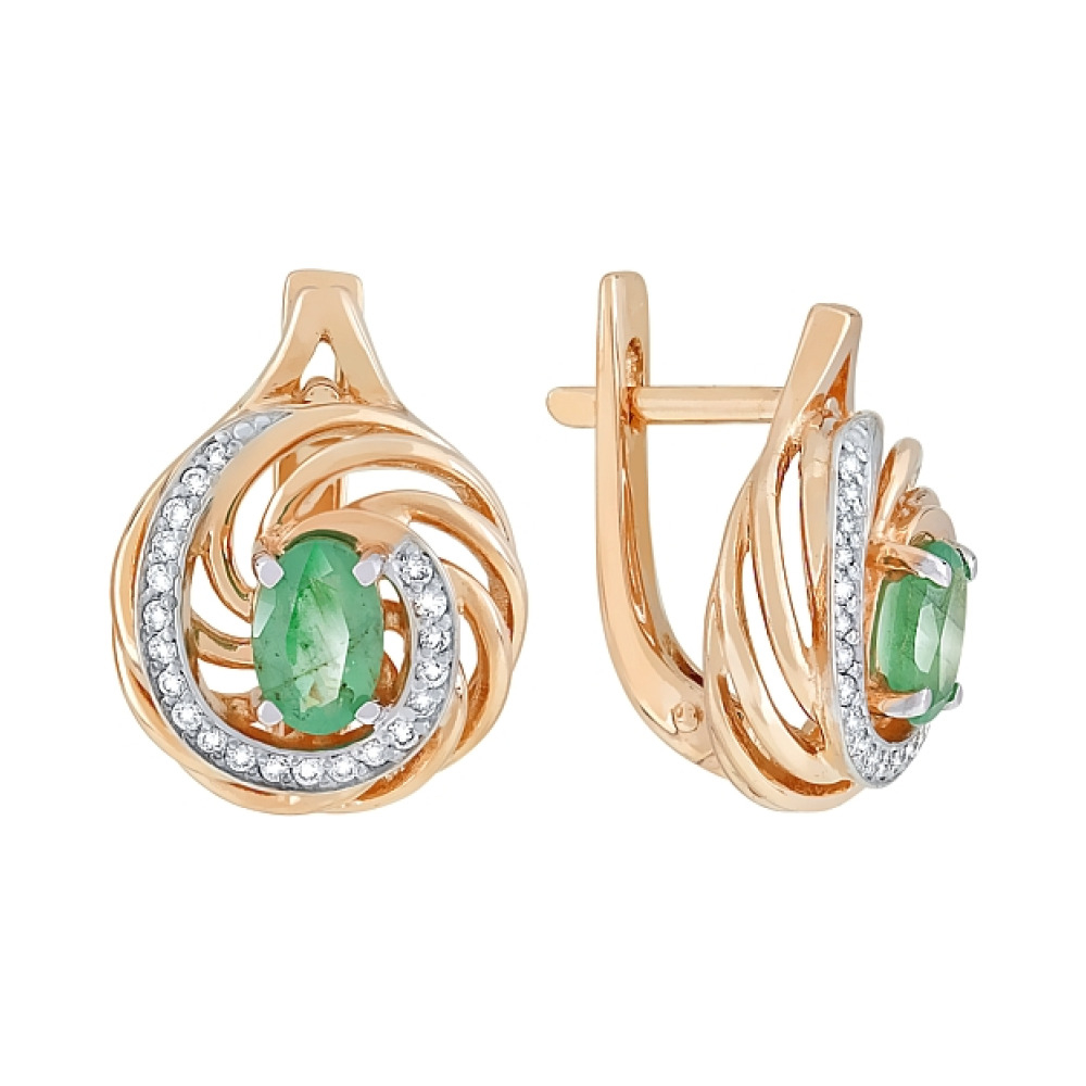 Золотые серьги с бриллиантом и изумрудом № 119875