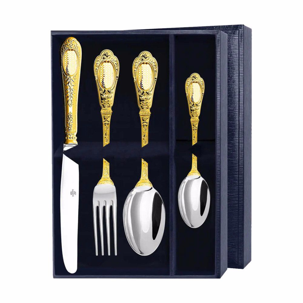 Набор столовый Фамильный: вилка, ложка, нож, чайная ложка с гравировкой и позолотой из серебра 925 пробы