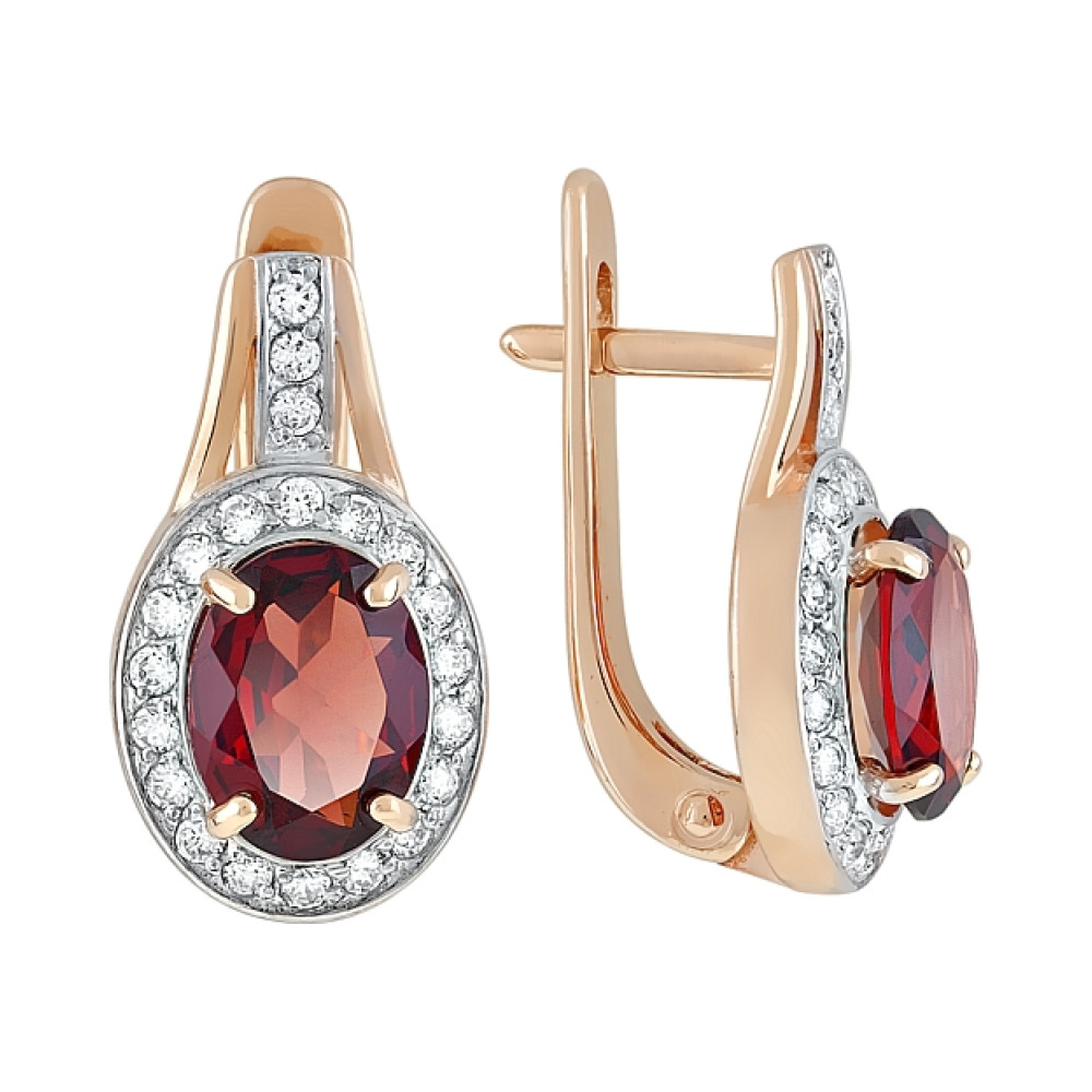 Золотые серьги с гранатом и фианитом № 119470