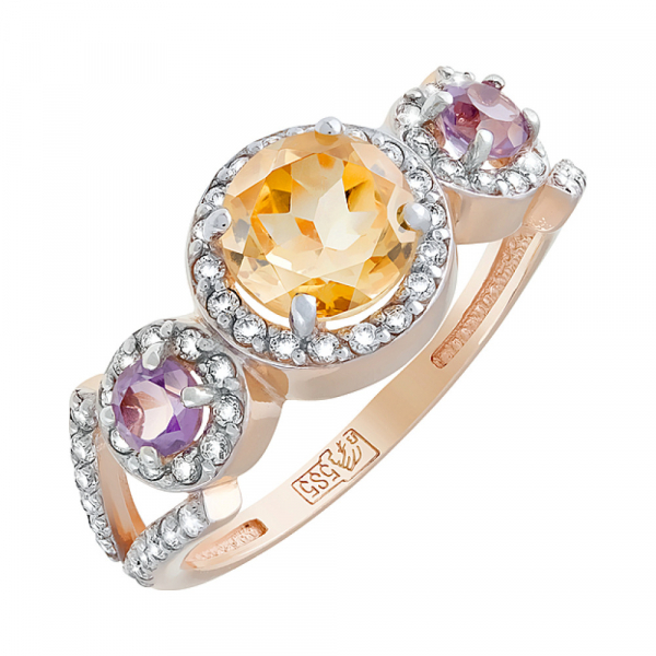 Золотое кольцо с полудрагоценными вставками и фианитом № 120649