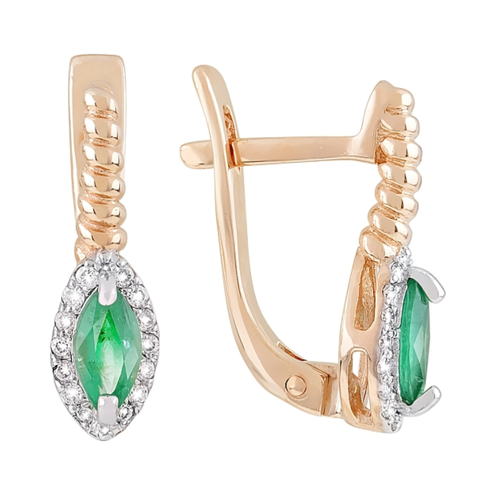 Золотые серьги с бриллиантом и изумрудом № 118455