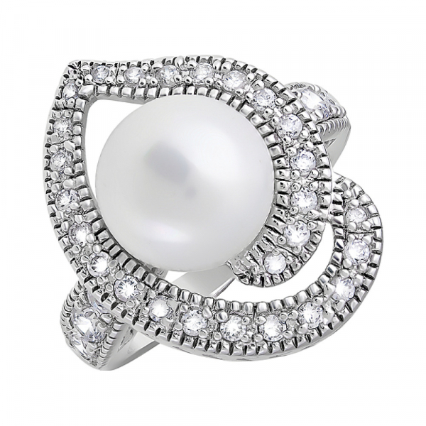 Серебряное кольцо с имитац. жемчуга и фианитом № 34101