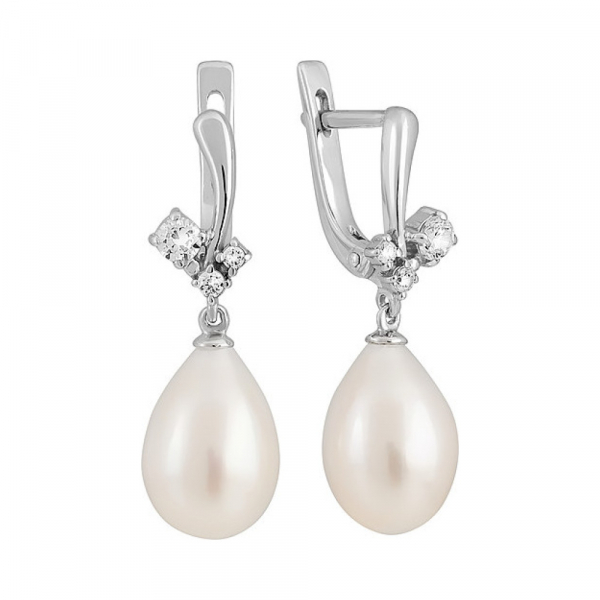 Серебряные серьги с жемчугом и фианитом № 131570
