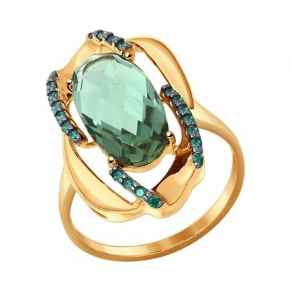 Кольцо из золота с кварцем и зелеными фианитами