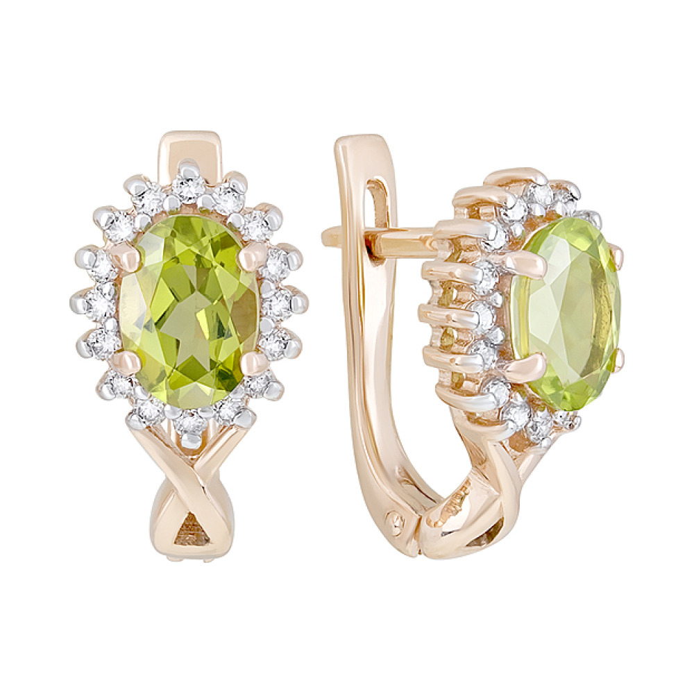 Золотые серьги с хризолитом и фианитом № 126361