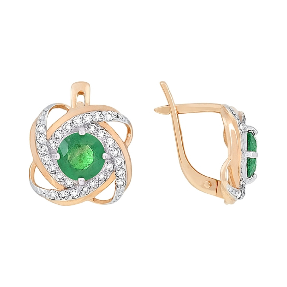 Золотые серьги с изумрудом и фианитом № 108228