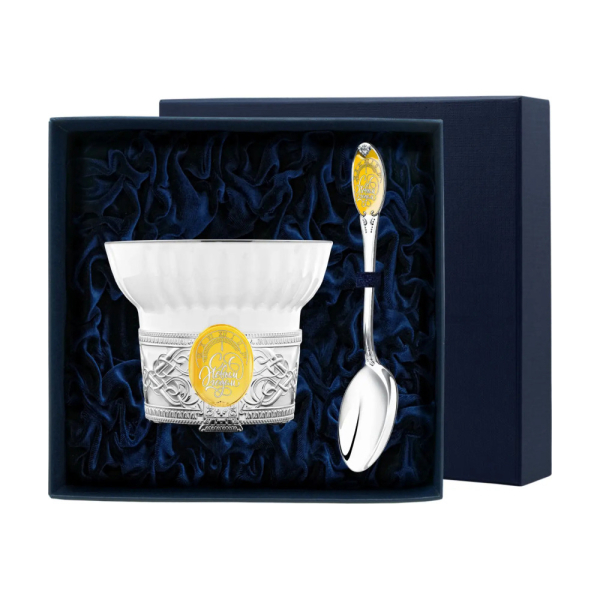 Набор чайный Куранты с позолотой: ложка, чашка в футляре из серебра 925 пробы подарок на Новый год