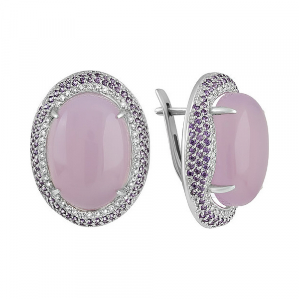 Серебряные серьги с розовым ониксом и фианитом № 128105