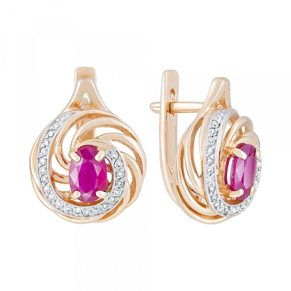 Золотые серьги с бриллиантом и рубином № 119876