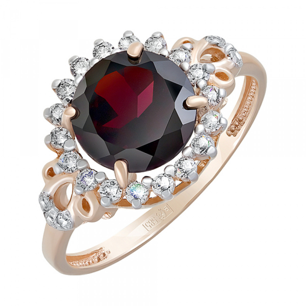 Золотое кольцо с гранатом и фианитом № 124604