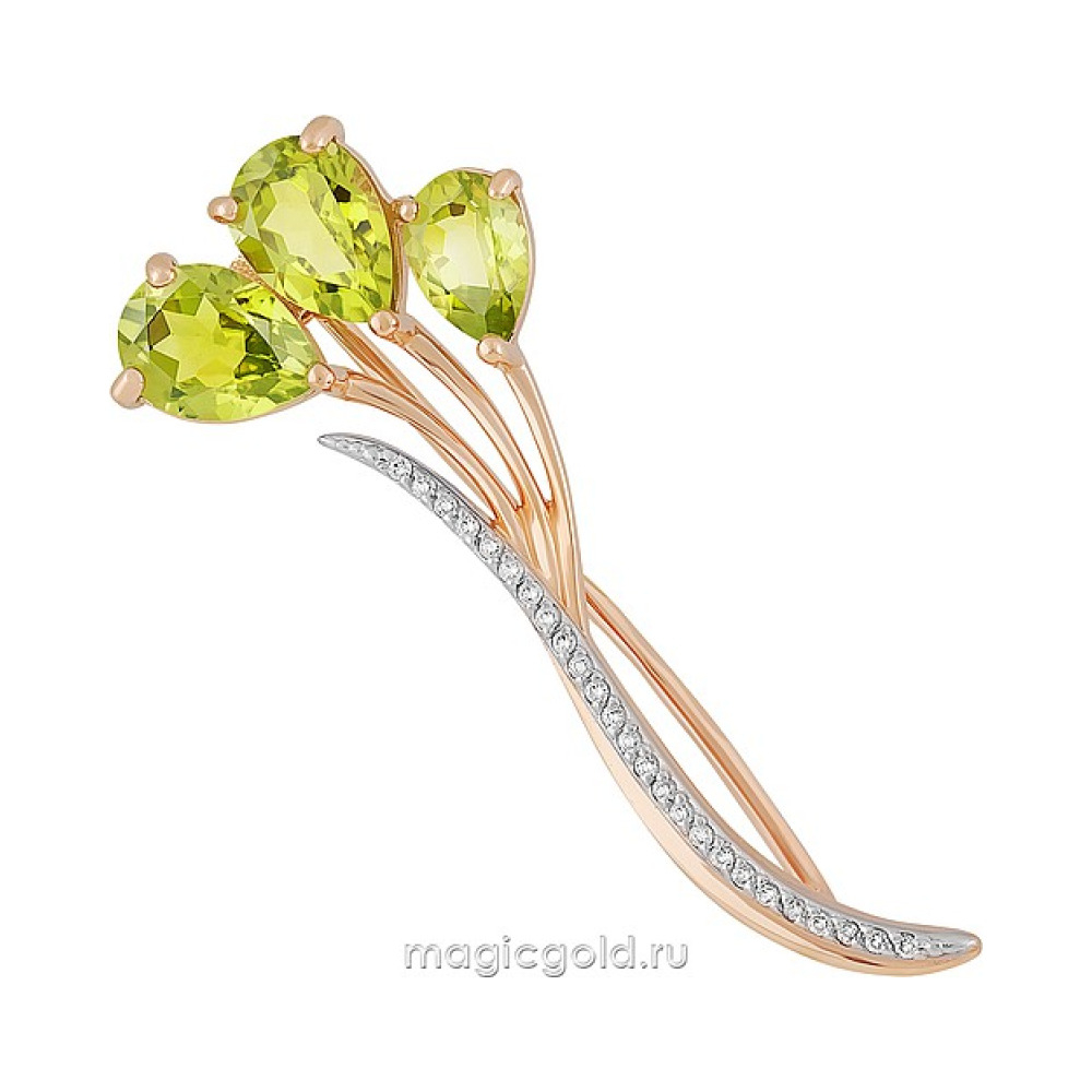 Золотая брошь с хризолитом и фианитом № 164304