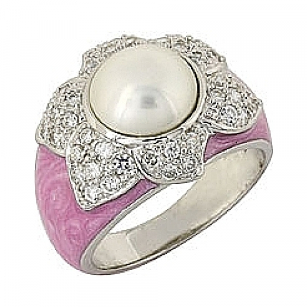 Серебряное кольцо с имитац. жемчуга и фианитом № 68407