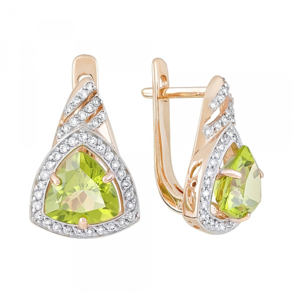 Золотые серьги с хризолитом и фианитом № 119572