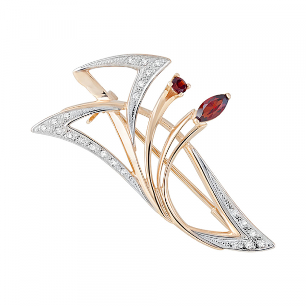 Золотая брошь с гранатом и фианитом № 122982