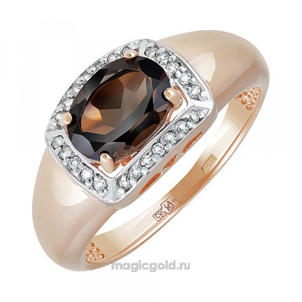 Золотое кольцо с раухтопазом и фианитом № 141354