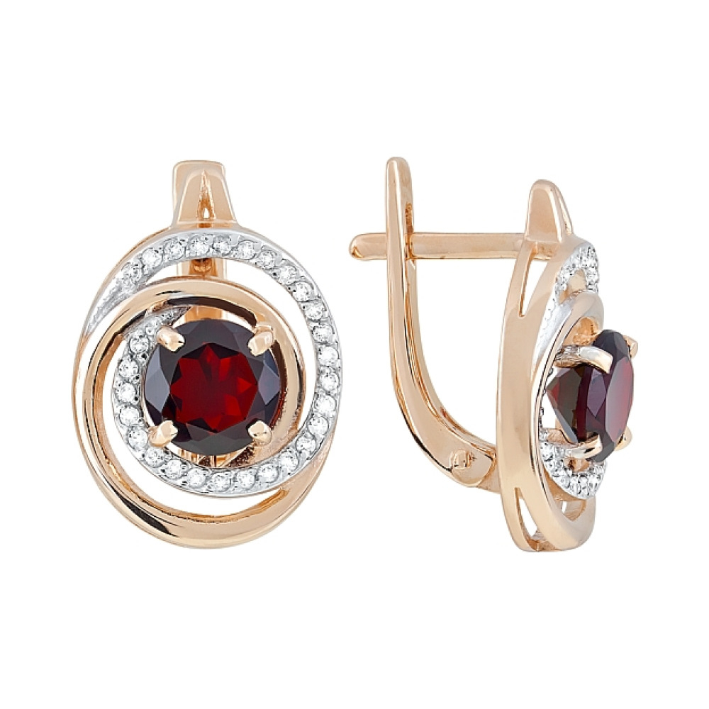 Золотые серьги с гранатом и фианитом № 119394