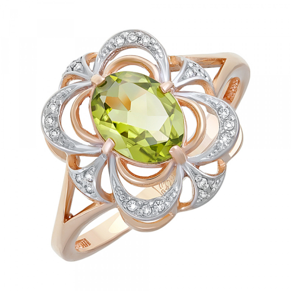 Золотое кольцо с хризолитом и фианитом № 124617