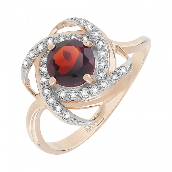 Золотое кольцо с гранатом и фианитом № 81211