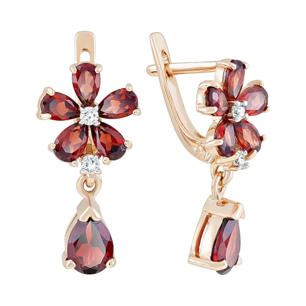 Золотые серьги с гранатом и фианитом № 120824