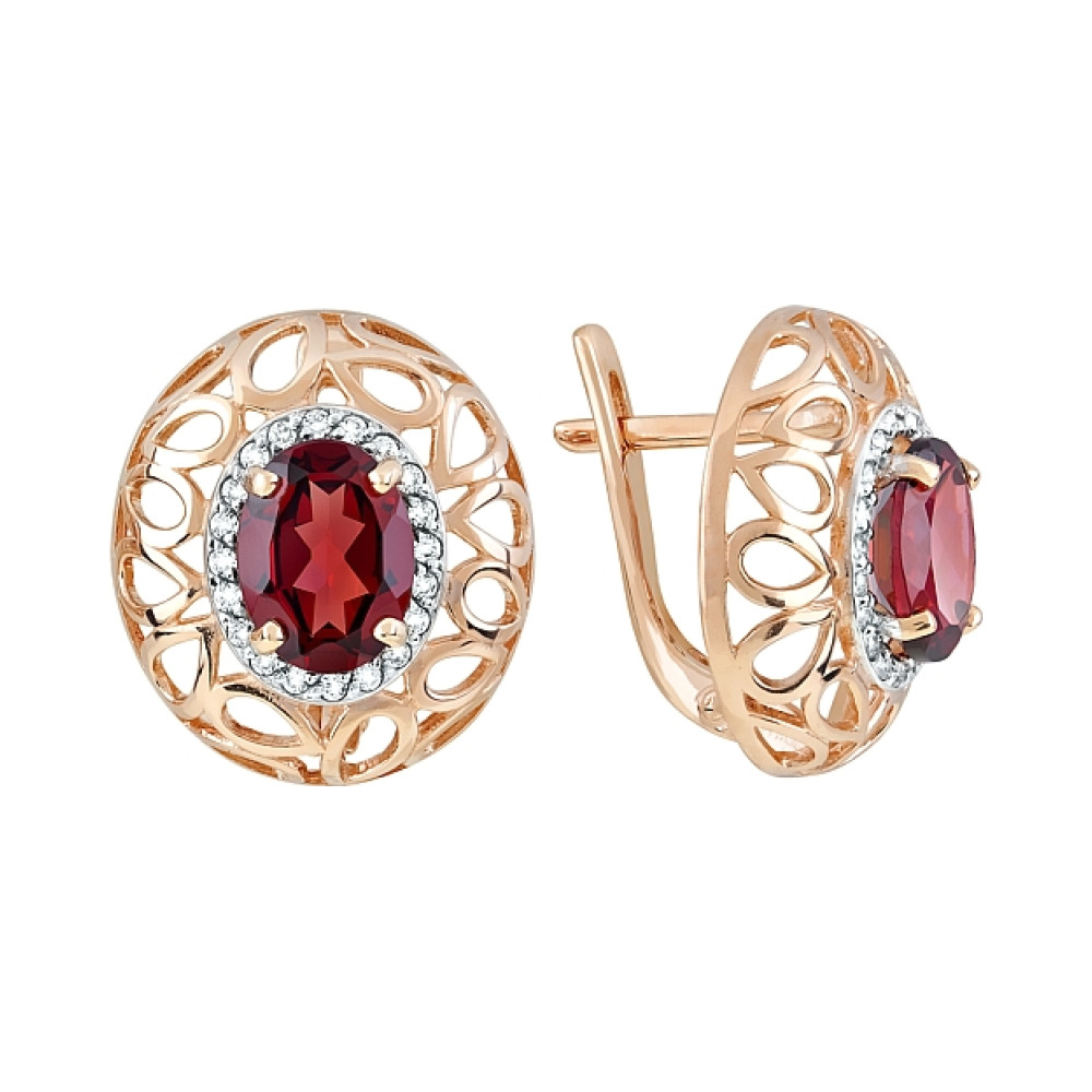 Золотые серьги с гранатом и фианитом № 119983