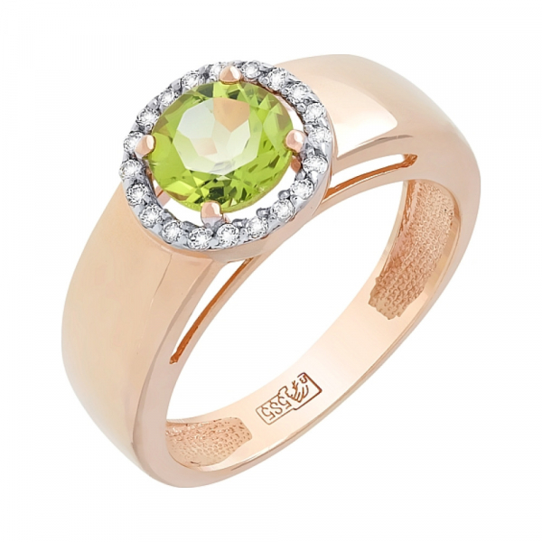 Золотое кольцо с хризолитом и фианитом № 105182